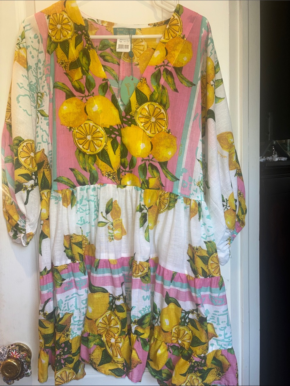 ANTICA SARTORIA NWTS PINK WHITE LEMON PRINT COTTON DRESS FROM ITALY ONE SIZE